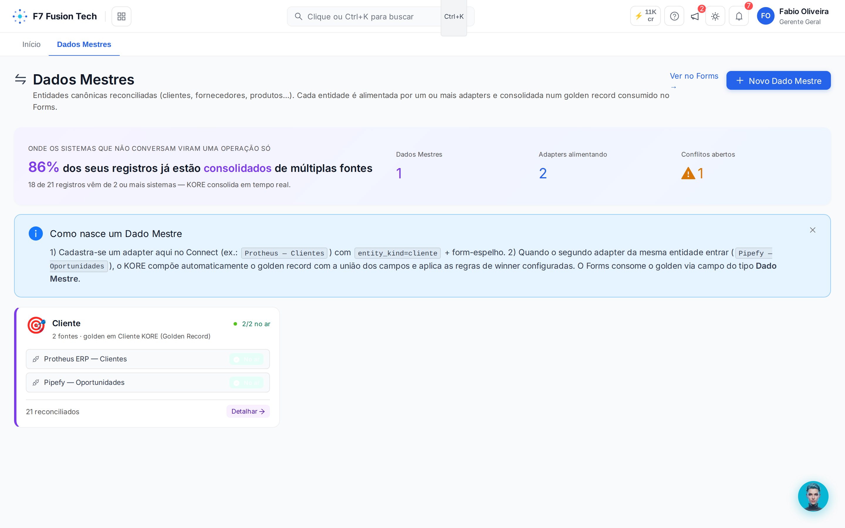 Tela de Dados Mestres — um cliente só, juntando o que estava espalhado entre o Protheus e o Pipefy
