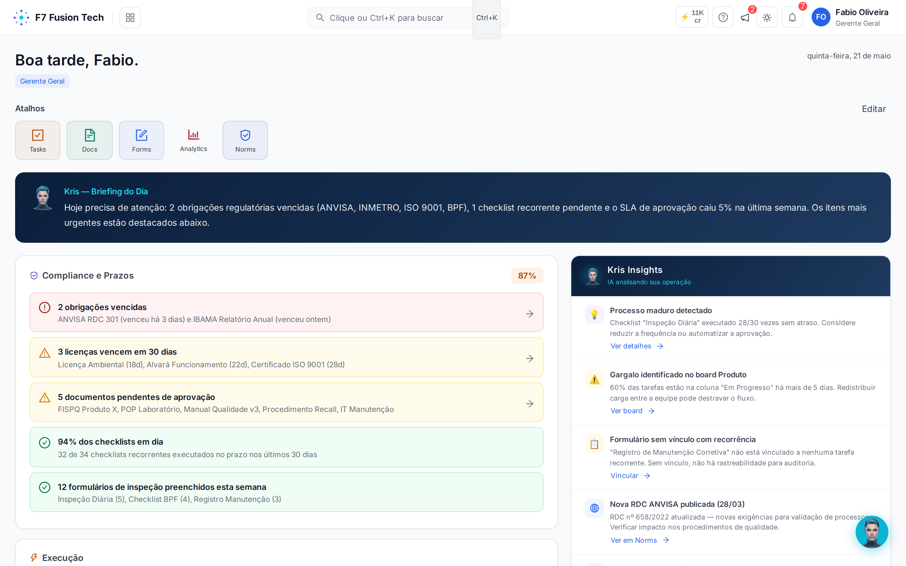 Painel inicial do F7 KORE — briefing do Kris, prazos de compliance e insights